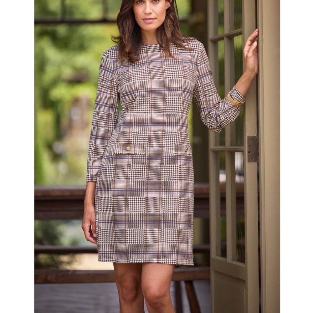 Jude Connally Brown Blue Glen Plaid Shift Dress 3/4 Sleeve Gold Button Office XS